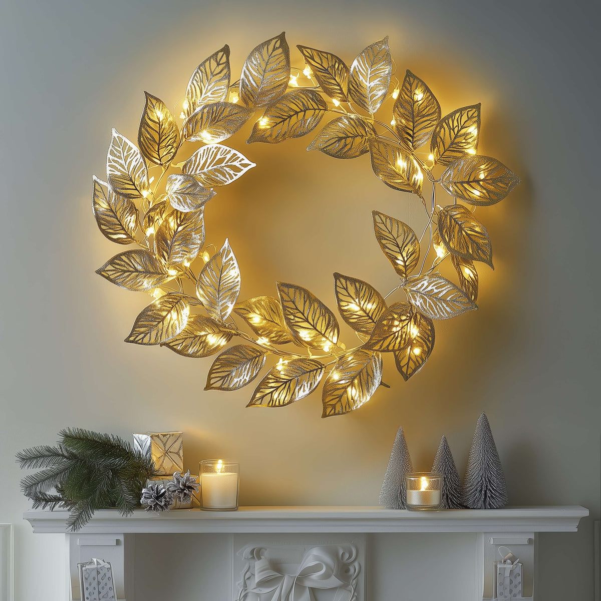 AuraLeaf Goldener LED-Blätterkranz – Dekoleuchte aus Stoff – Ansicht 4 von 6