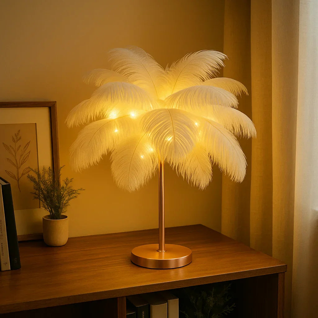 Plumora LED Feder-Tischlampe mit warmem Licht – Tischleuchte