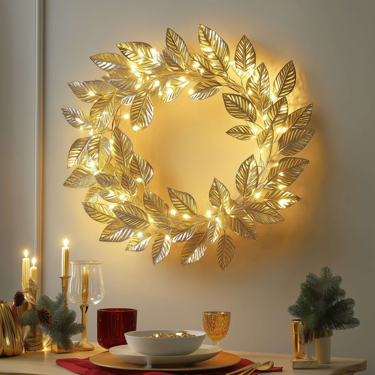 AuraLeaf Goldener LED-Blätterkranz – Dekoleuchte aus Stoff