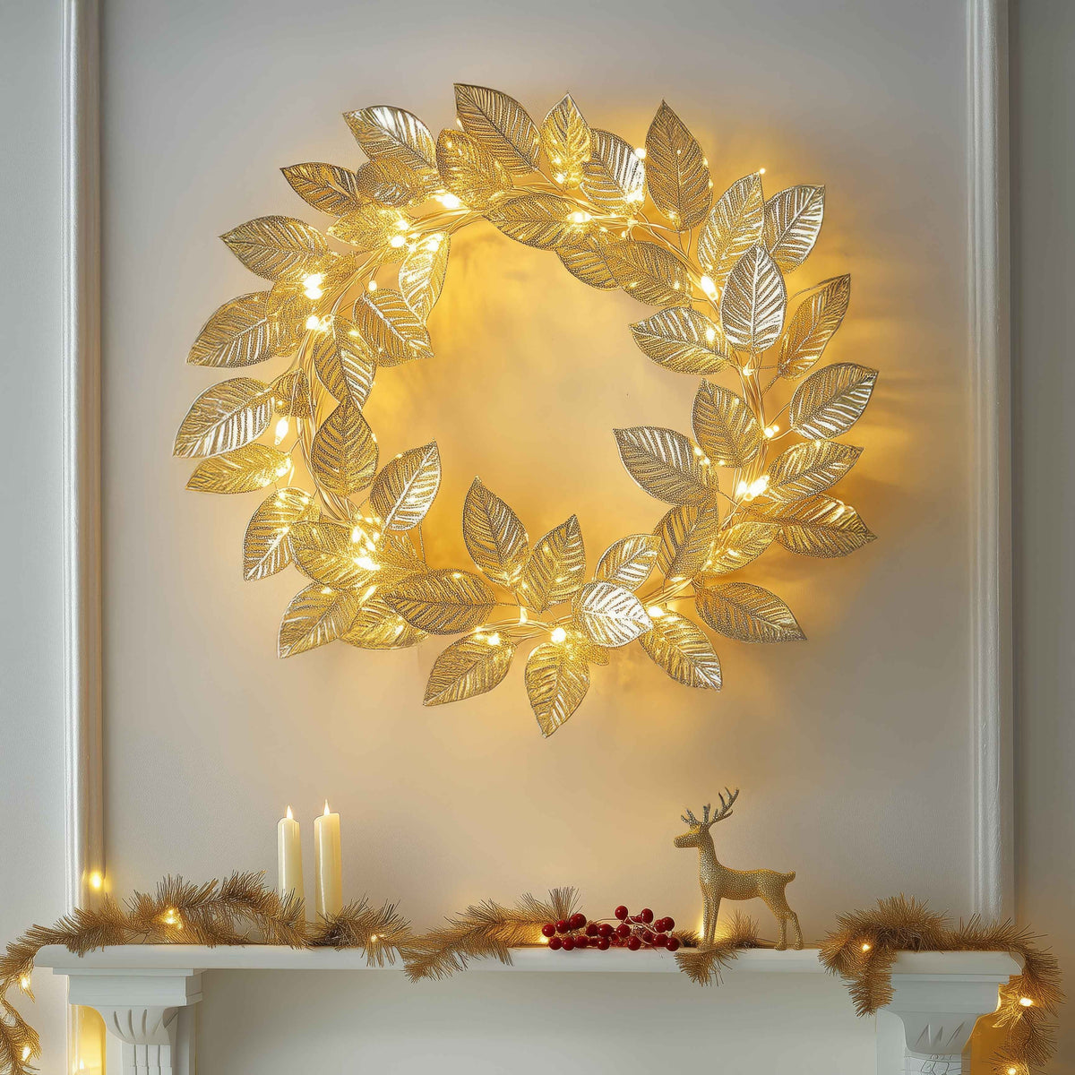 AuraLeaf Goldener LED-Blätterkranz – Dekoleuchte aus Stoff – Ansicht 2 von 6