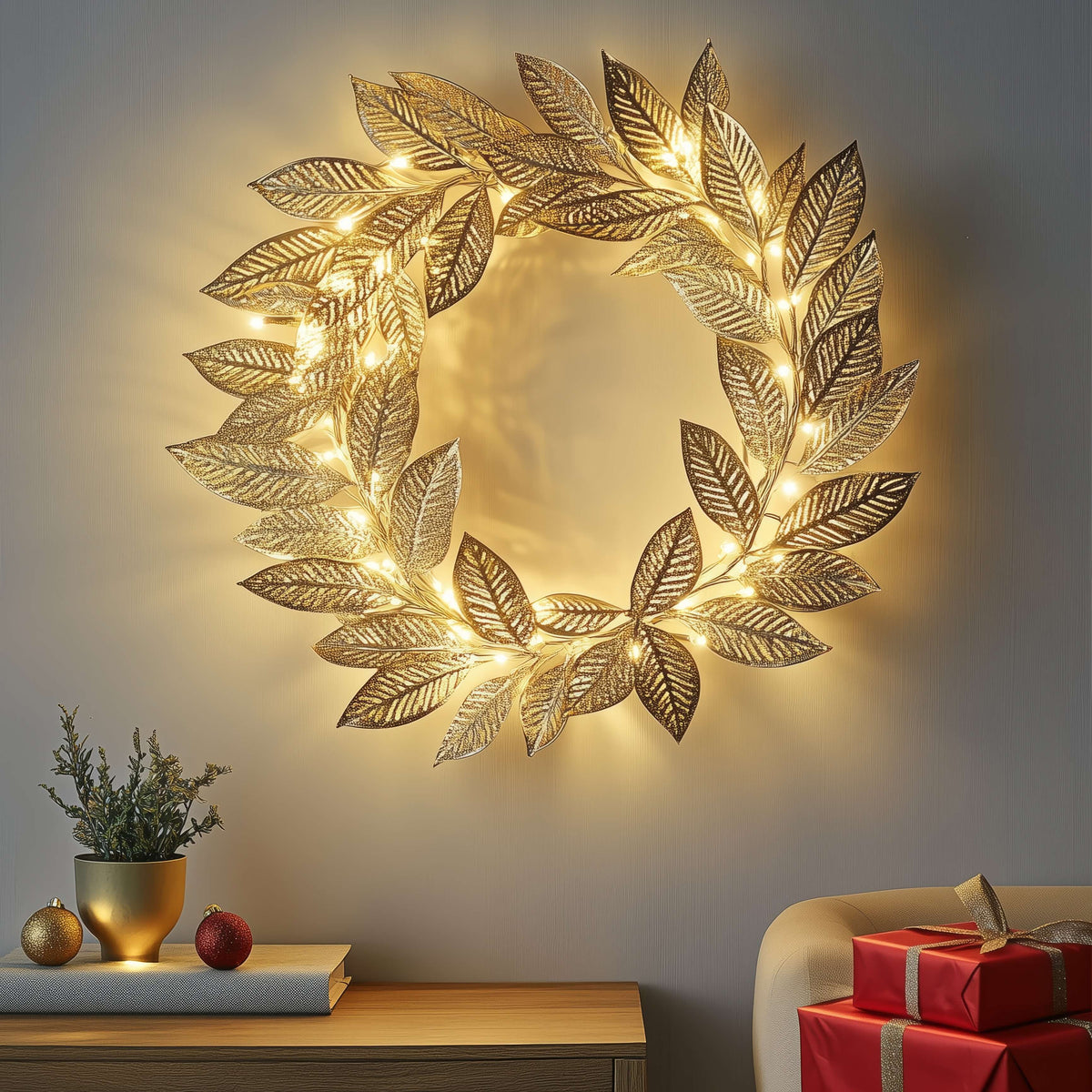 AuraLeaf Goldener LED-Blätterkranz – Dekoleuchte aus Stoff – Ansicht 3 von 6