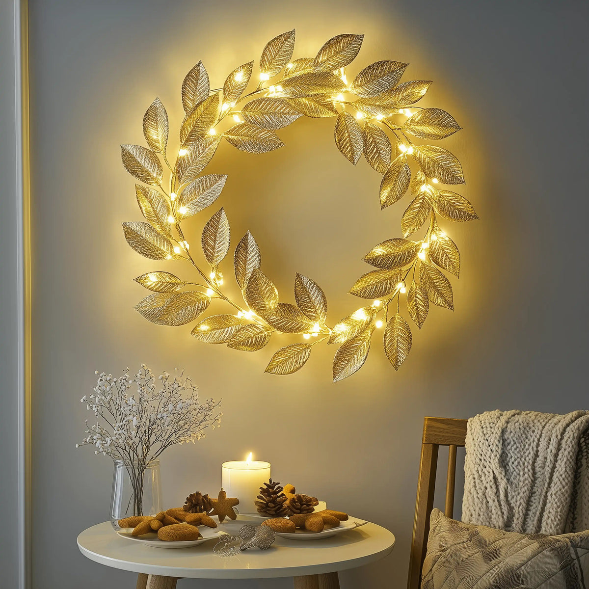AuraLeaf Goldener LED-Blätterkranz – Dekoleuchte aus Stoff – Ansicht 6 von 6